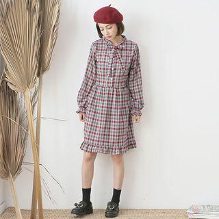 Plaid Long-sleeve A-line Dress 15 - Red - One Size