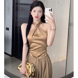 Sleeveless Plain Halter Top / Plain Loose-fit Pants