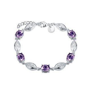 Simple Leaf Bracelet With Purple Austrian Element Silver - One Size