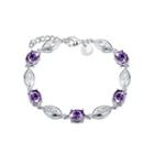 Simple Leaf Bracelet With Purple Austrian Element Silver - One Size