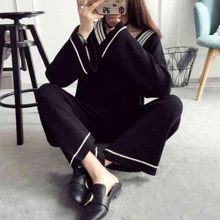 Set: V-neck Sweater + Wide Leg Pants