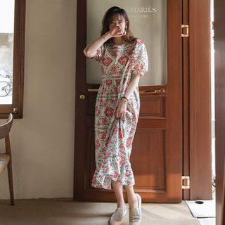 Puff-sleeve Pattern Maxi Dress With Sash