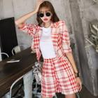 Set: Short-sleeve Plaid Blazer + Plaid Shorts