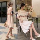 Elbow-sleeve Cold Shoulder Contrast Trim Ruffled Tunic Dress