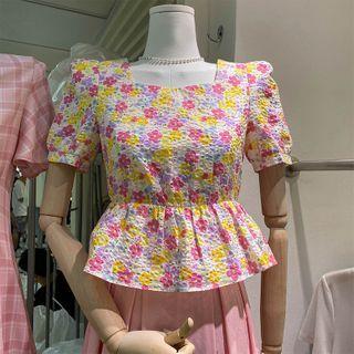 Cropped Square-neck Ruched Puff Short-sleeve Floral Top