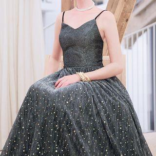 Glitter Sequined Spaghetti Strap A-line Evening Gown