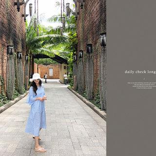 Ruffle-sleeve Check Long Shift Dress