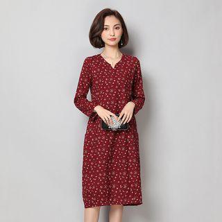 Long-sleeve Floral V-neck Dress