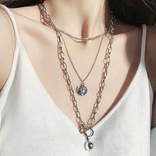 Couple Matching Layered Chain Necklace Silver - One Size