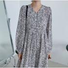 Long-sleeve V-neck Floral Loose Fit Dress