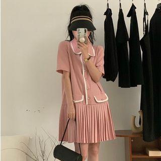 Short-sleeve Collar Contrast Trim Pleated Dress Pink - One Size