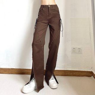 Distressed Lace Up Slit Bootcut Pants