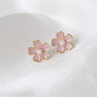 Alloy Flower Faux Pearl Earring 1 Pair - Gold & Pink - One Size