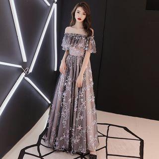 Off-shoulder Star Print A-line Mesh Evening Gown