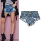Paint Print Distressed Denim Shorts