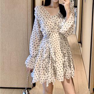 V-neck Dotted Chiffon Dress As Shown In Figure - One Size