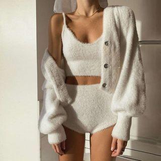 Lantern-sleeve Cropped Cardigan / Fluffy Camisole Top