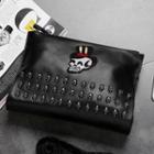 Skull Embroidered Studded Lambskin Clutch Bag Black - One Size