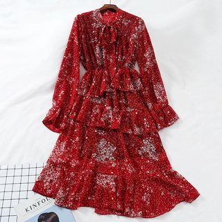 Long-sleeve Floral Print Tiered Midi Dress
