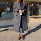 Double-breasted Long Checked Coat Navy Blue - One Size