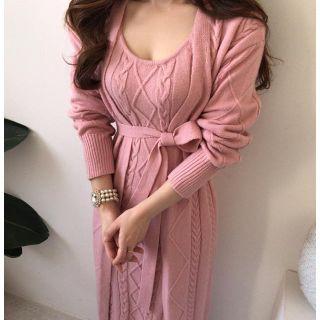 Spaghetti Strap Cable-knit Maxi Sheath Dress / Open Front Midi Cardigan