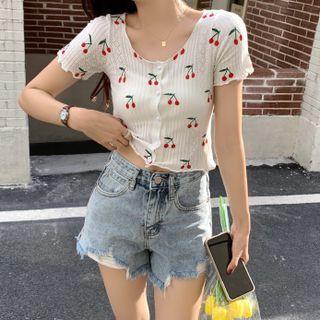 Short-sleeve Cherry Print Cropped Cardigan