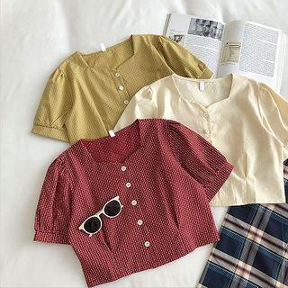 Plaid Single-breasted Puff-sleeve Blouse