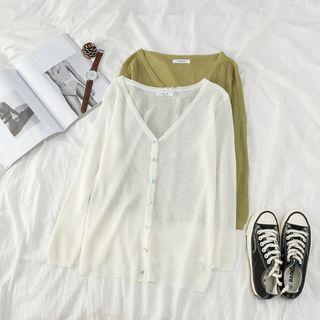 Set: Sleeveless Cropped Knit Top / V-neck Plain Knit Cardigan
