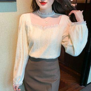 Long-sleeve Faux Pearl Trim Mesh Panel Blouse