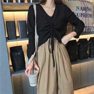 Plain V-neck Long-sleeve Top / Cropped Loose-fit Pants