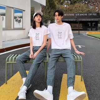Couple Matching Short-sleeve Printed T-shirt / Plaid Harem Pants / Set