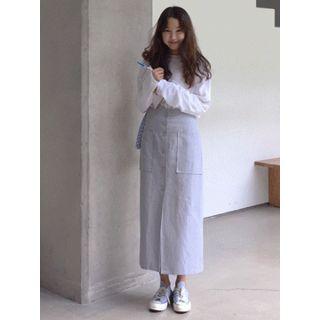 Button-detail Linen Blend Long Skirt
