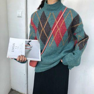 Turtleneck Argyle Panel Sweater