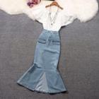 Set: Short-sleeve Blouse + Denim Midi Mermaid Skirt