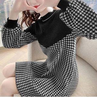 Long-sleeve Houndstooth Mini Shift Dress