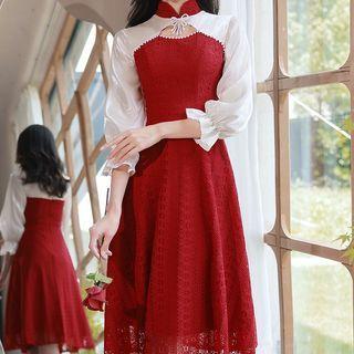 Puff-sleeve Cutout A-line Lace Cocktail Dress