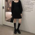 Long-sleeve Plain Square-neck Mini Dress Black - One Size