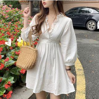 Frilled Trim Pintuck A-line Dress White - One Size