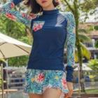 Long-sleeve Floral Print Panel Swimdress