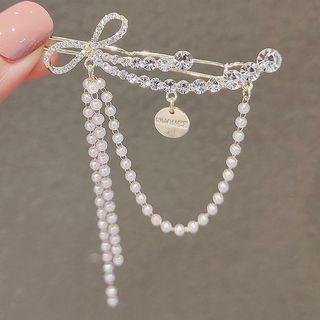 Bow Rhinestone Faux Pearl Hair Clip Ly622 - Rhinestone & Faux Pearl - Transparent & White - One Size