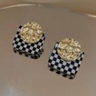 Check Stud Earring 1 Pair - Black & White & Gold - One Size