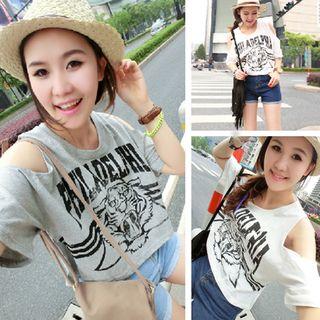 Print Cutout Shoulder Short-sleeve T-shirt