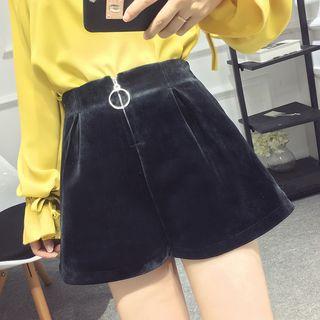 Zip Front Velvet Wide Leg Shorts