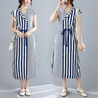 Cap-sleeve Striped Paneled Tie-waist Midi A-line Dress