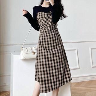 Mock Two-piece Long-sleeve Plaid Panel Asymmetrical A-line Dress