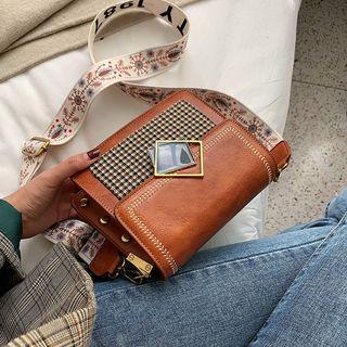 Flower Print Strap Houndstooth Crossbody Bag