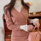 Mock-neck Bell-cuff Lace Blouse