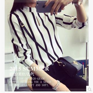 Mock Neck Keyhole Front Striped Blouse