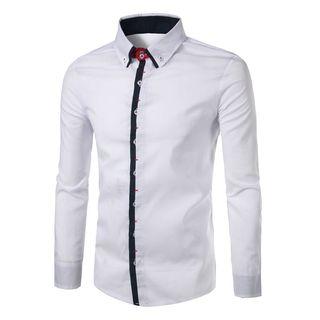 Long-sleeved Color Block Open-front Slim Blouse