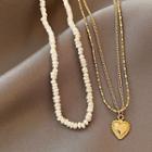 Freshwater Pearl Choker / Heart Pendant Layered Alloy Necklace / Set
